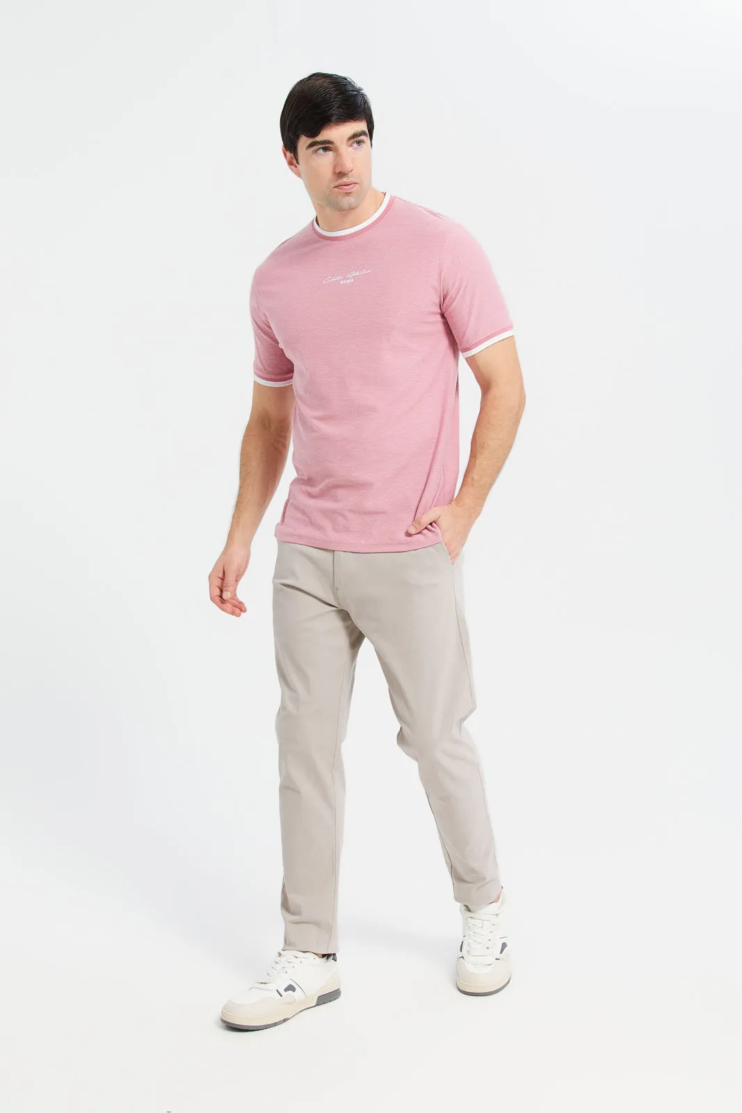 Men Pink Jacquard T-Shirt