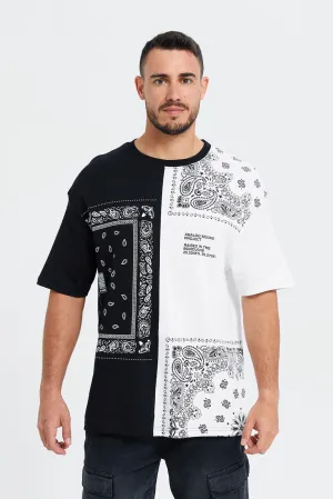 Men White And Black Paisley Print T-Shirt