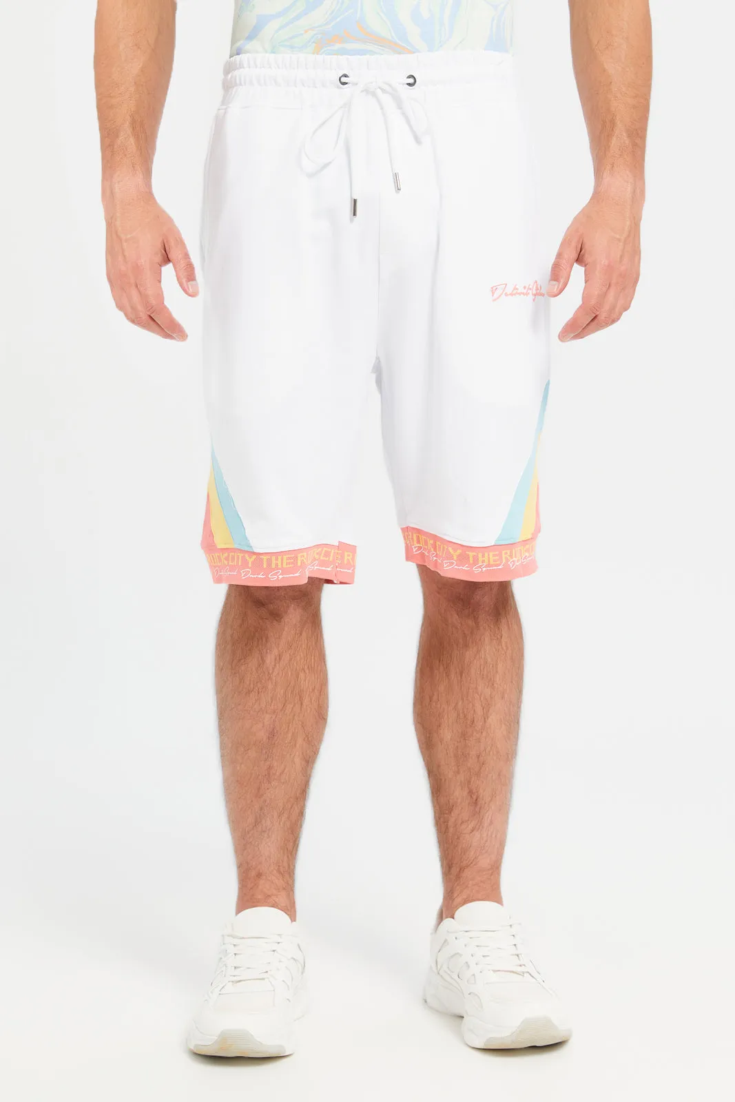 Men White Color Block Shorts