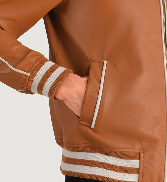 Men's Tan Brown Leather Varsity Jacket