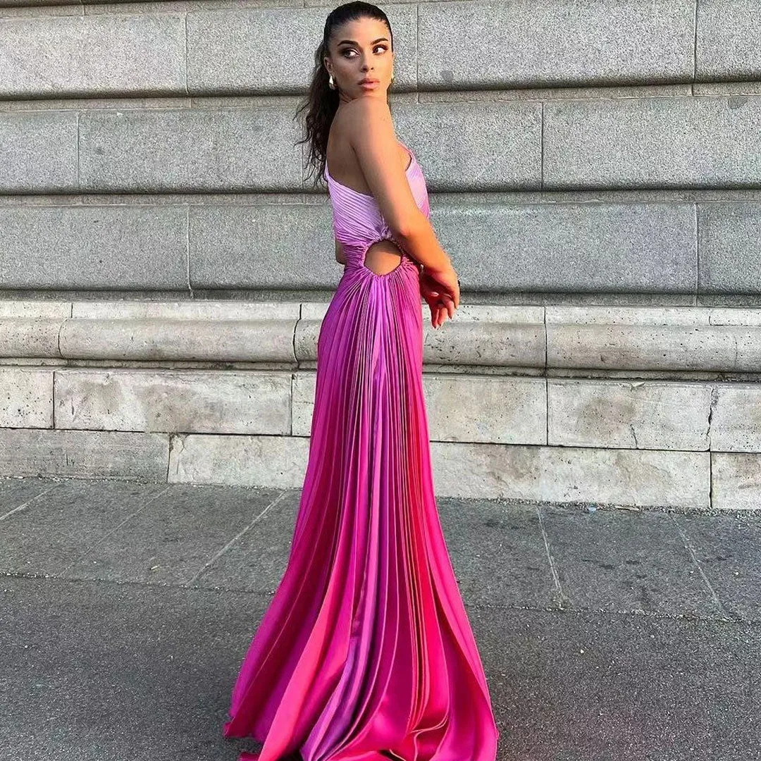 Ombre One Shoulder Drawstring Cutout Waist Asymmetrical Pleated Dress - Hot Pink