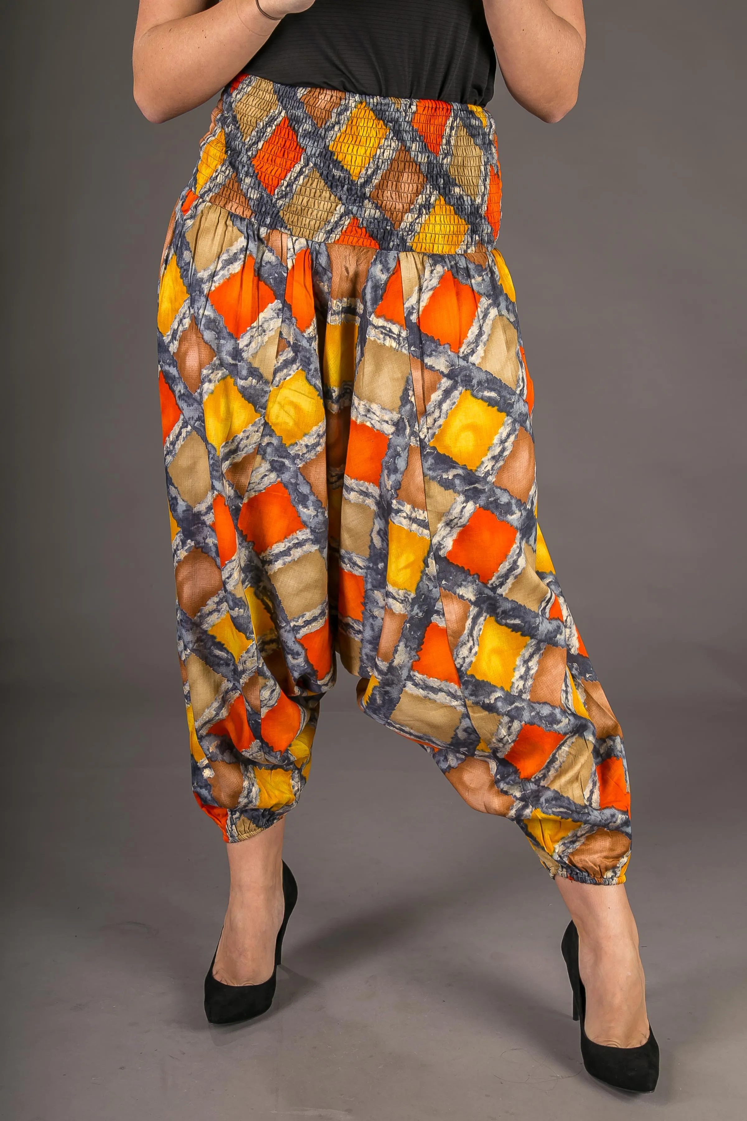 Orange Yellow Squares Print Cotton Harem Yoga Jumpsuit Pants