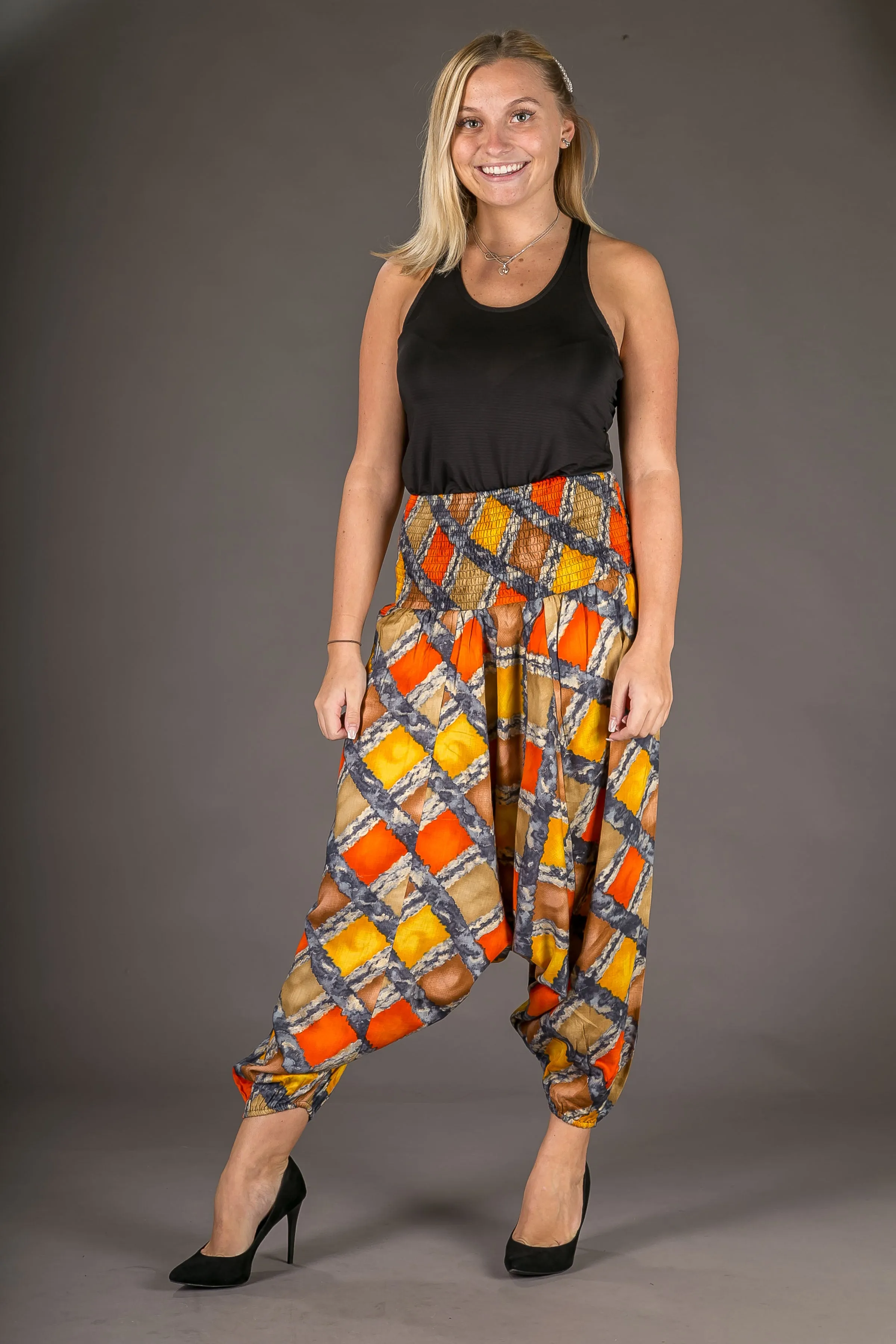 Orange Yellow Squares Print Cotton Harem Yoga Jumpsuit Pants