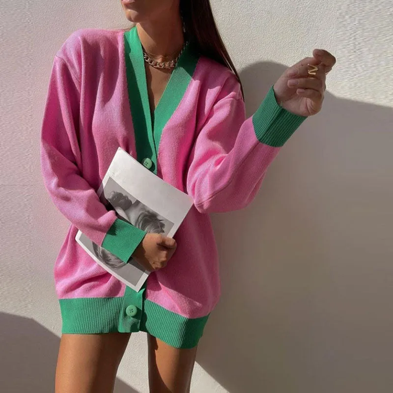 Oversized Contrast Color Rib Knit Button Up Long Sleeve Cardigan - Pink