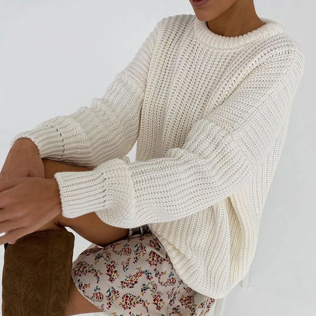 Oversized Ribbed Candy Color Crewneck Pullover Sweater - Beige