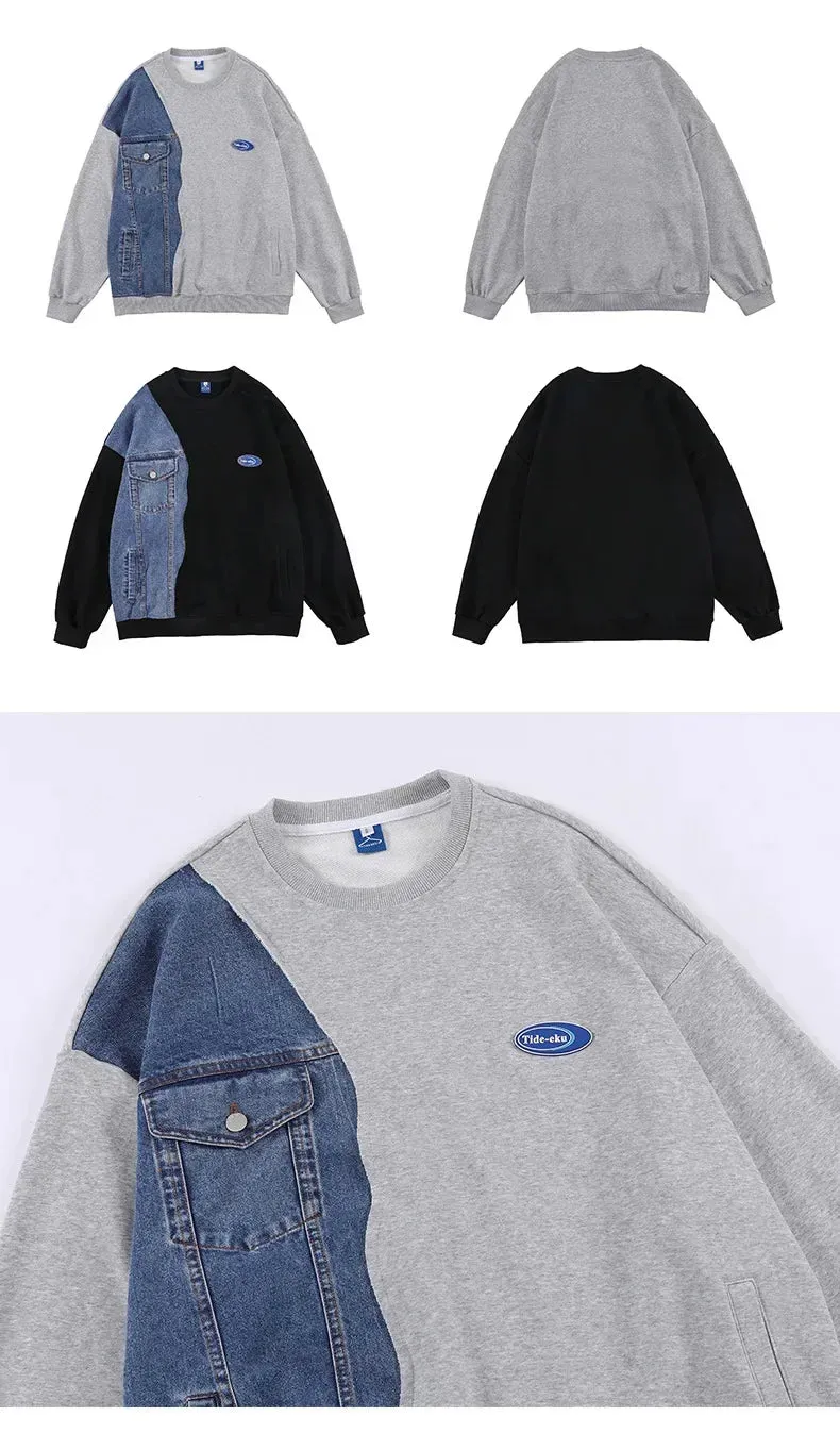 Patchwork Denim Round Neck Sweatshirt