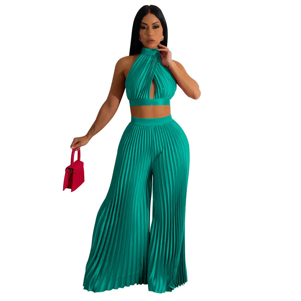 Plus Size Solid Color Crop Top and Wide-Leg Trousers Set