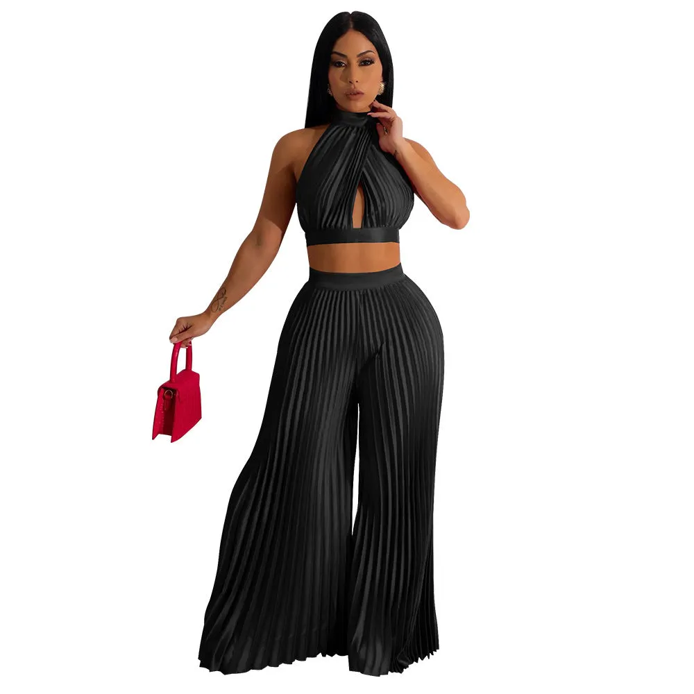 Plus Size Solid Color Crop Top and Wide-Leg Trousers Set