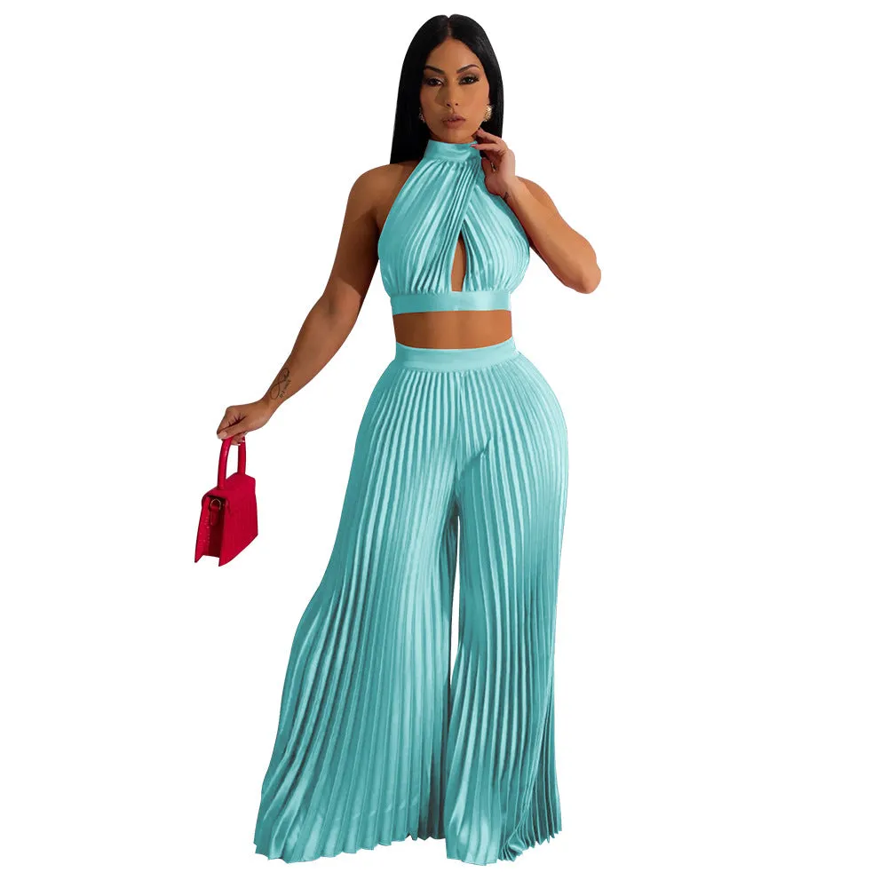 Plus Size Solid Color Crop Top and Wide-Leg Trousers Set