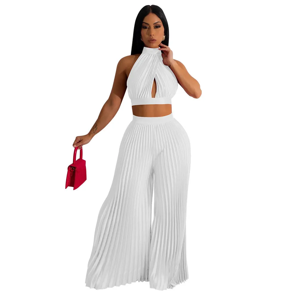 Plus Size Solid Color Crop Top and Wide-Leg Trousers Set