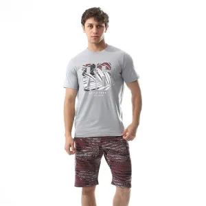 Printed Comfy T-Shirt & Palm Leaves Shorts Pajama Set - Grey & Dark Red