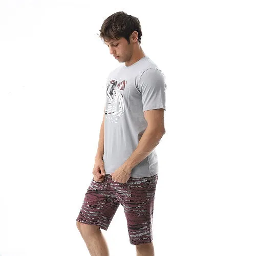 Printed Comfy T-Shirt & Palm Leaves Shorts Pajama Set - Grey & Dark Red