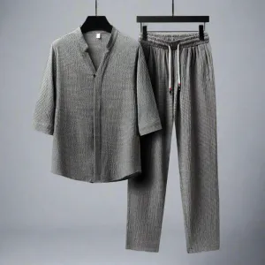 Quality Ice Silk Linen Spring Summer Suits Men Two Piece Sets