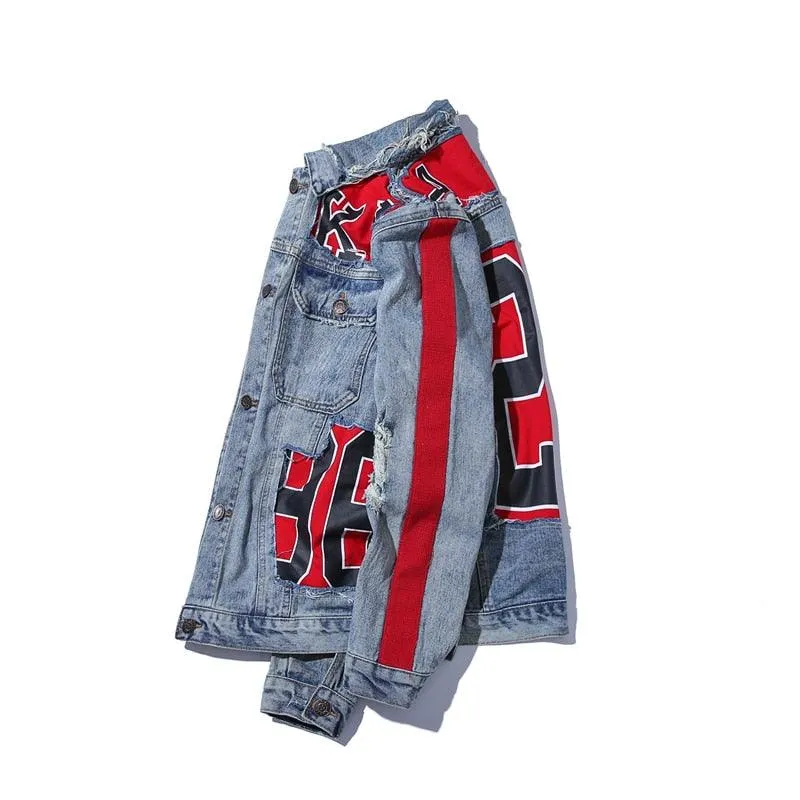 Red Patchwork Denim Jacket