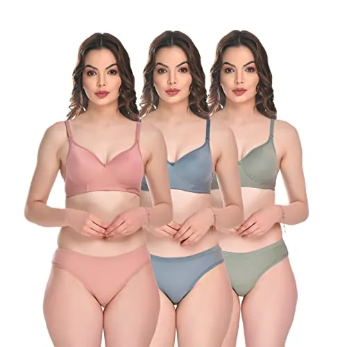 SGC SWEDEN Women Lingerie Set Full with Coverage Non-Padded Women Cotton Bra Panty Set Sexy Bra Panty Set Women Innerwear Pack of 3 Sets (B, Pink-Blue-Green, 34)