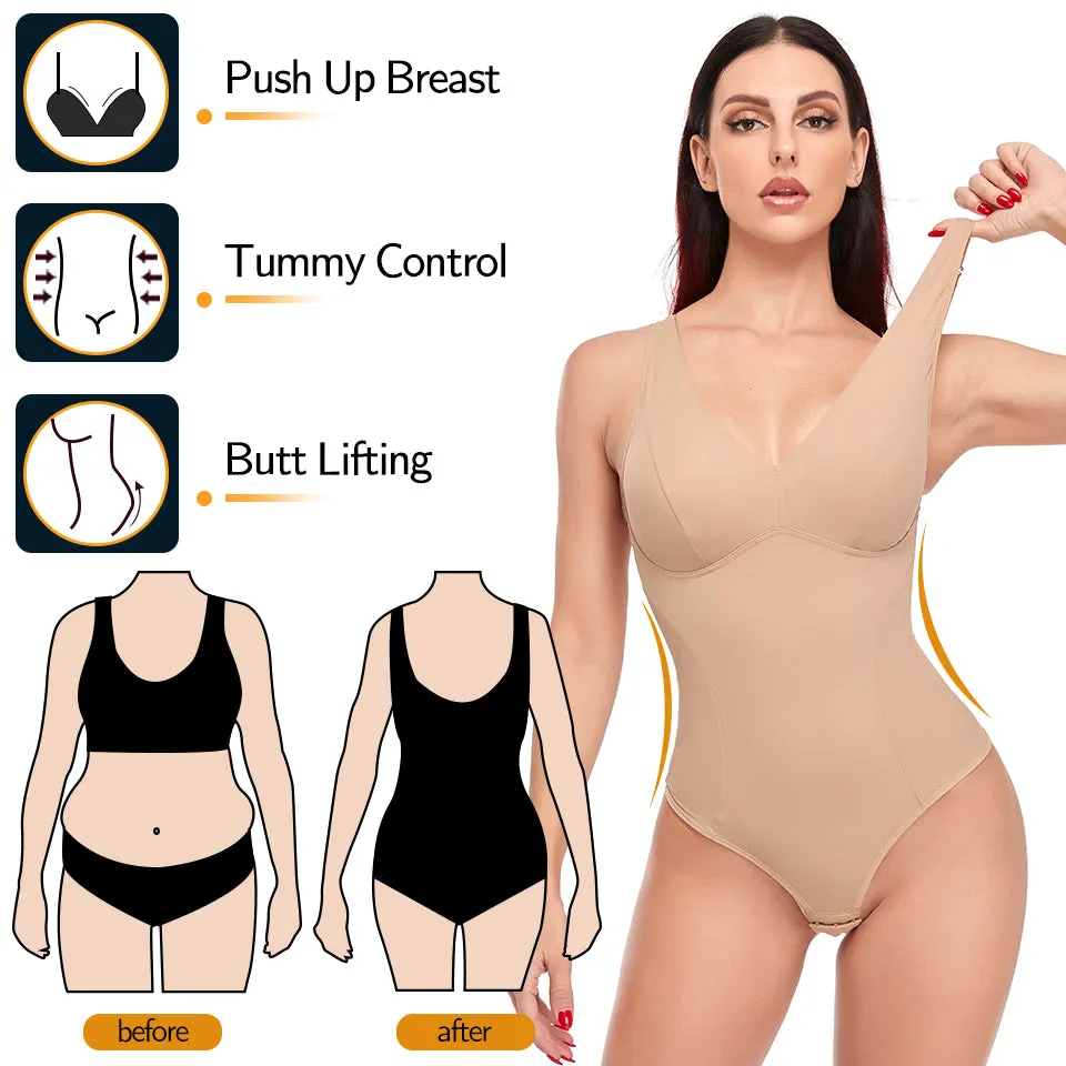 Shapewear Bodysuit Thong Shaper for Women Waist Trainer Body Shaper Deep V Neck Underwear Built-in Bra Camisole