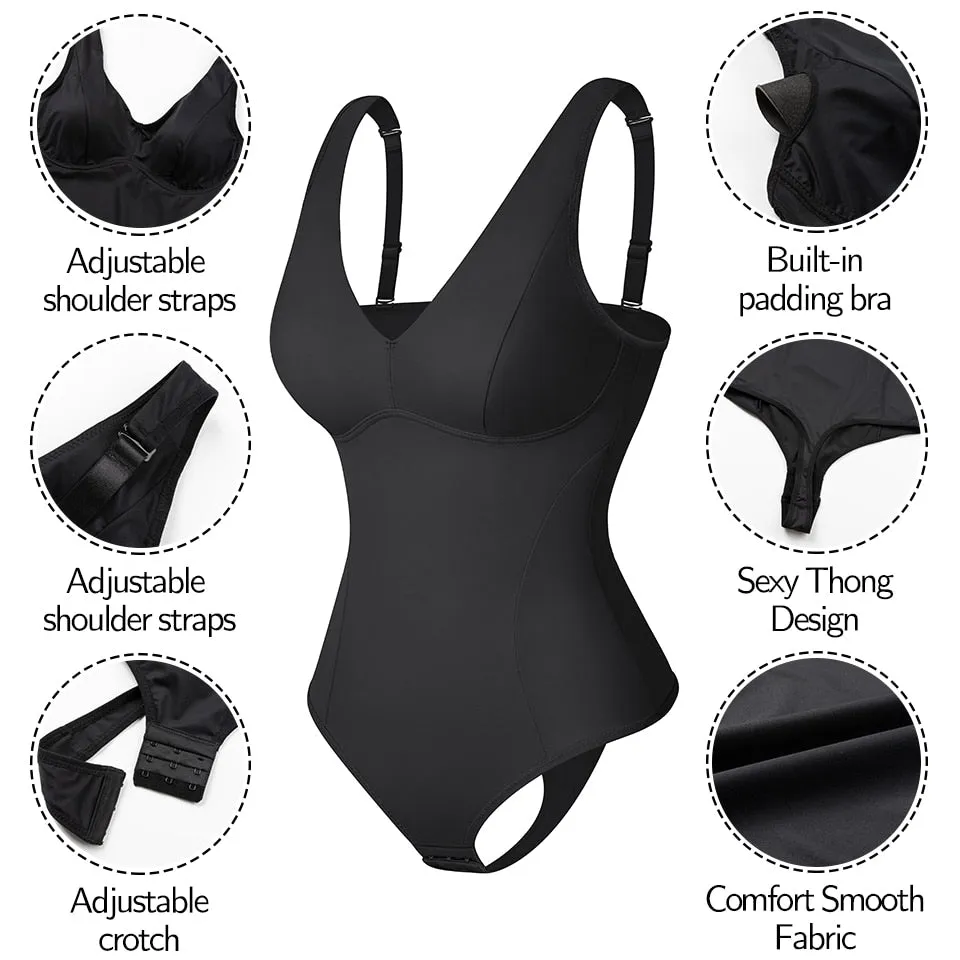 Shapewear Bodysuit Thong Shaper for Women Waist Trainer Body Shaper Deep V Neck Underwear Built-in Bra Camisole