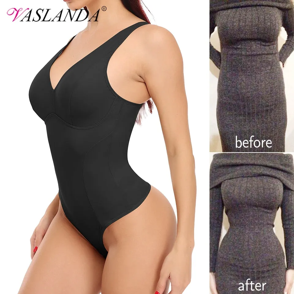 Shapewear Bodysuit Thong Shaper for Women Waist Trainer Body Shaper Deep V Neck Underwear Built-in Bra Camisole