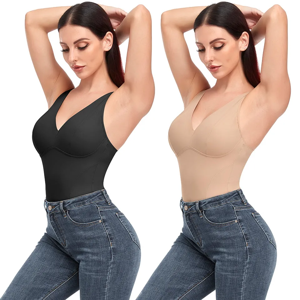 Shapewear Bodysuit Thong Shaper for Women Waist Trainer Body Shaper Deep V Neck Underwear Built-in Bra Camisole