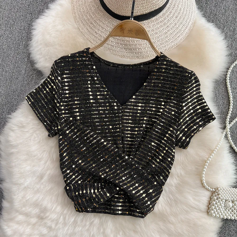 Shiny v neck sequins tops crop tops   S526