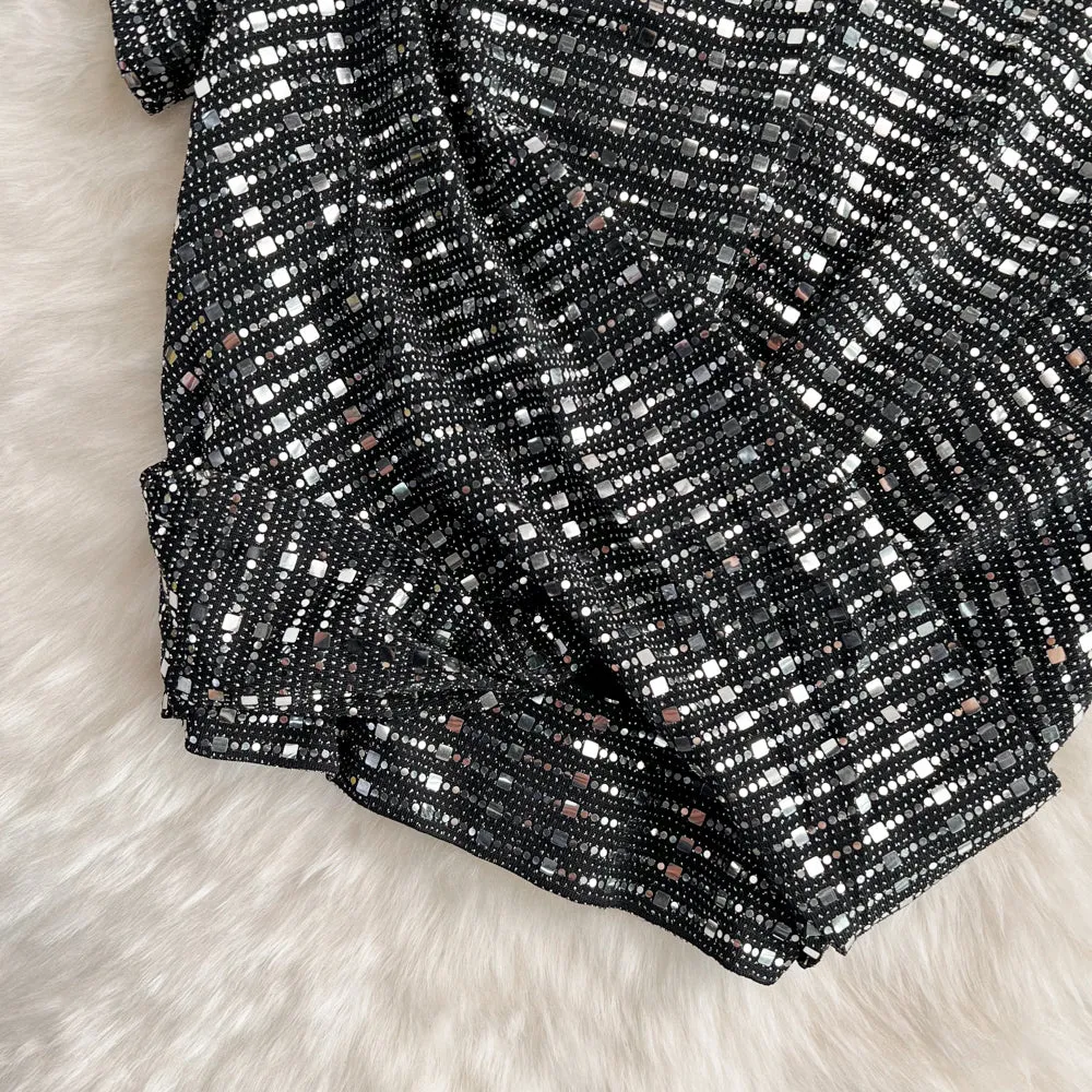 Shiny v neck sequins tops crop tops   S526