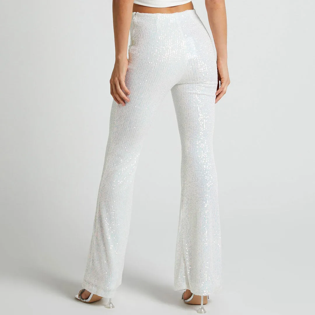 Sparkly High Waist Fit and Flare Wide Leg Party Sequin Pants - White