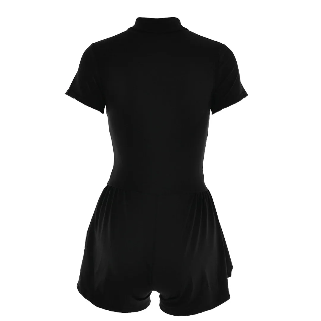 Sporty Ruffle Leg Short Sleeve Mock Neck Zip Up Romper - Black