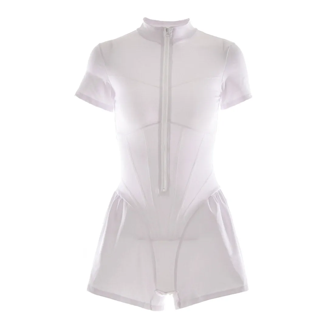 Sporty Ruffle Leg Short Sleeve Mock Neck Zip Up Romper - White