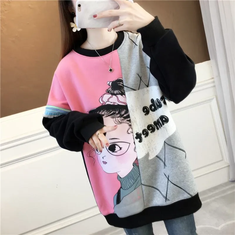 Thickness Loose Fit Cotton Slimming Plus Sweatshirt