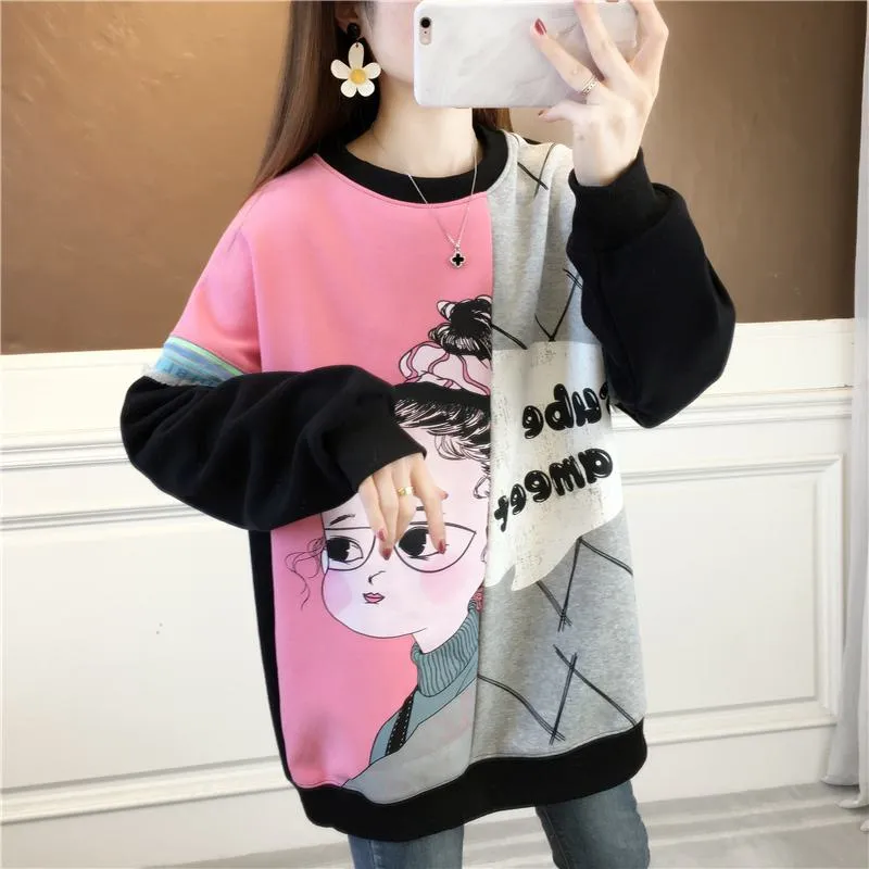 Thickness Loose Fit Cotton Slimming Plus Sweatshirt