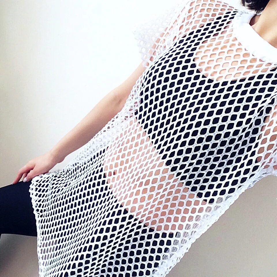 UNISEX WHITE FISHNET TEE MESH TOP