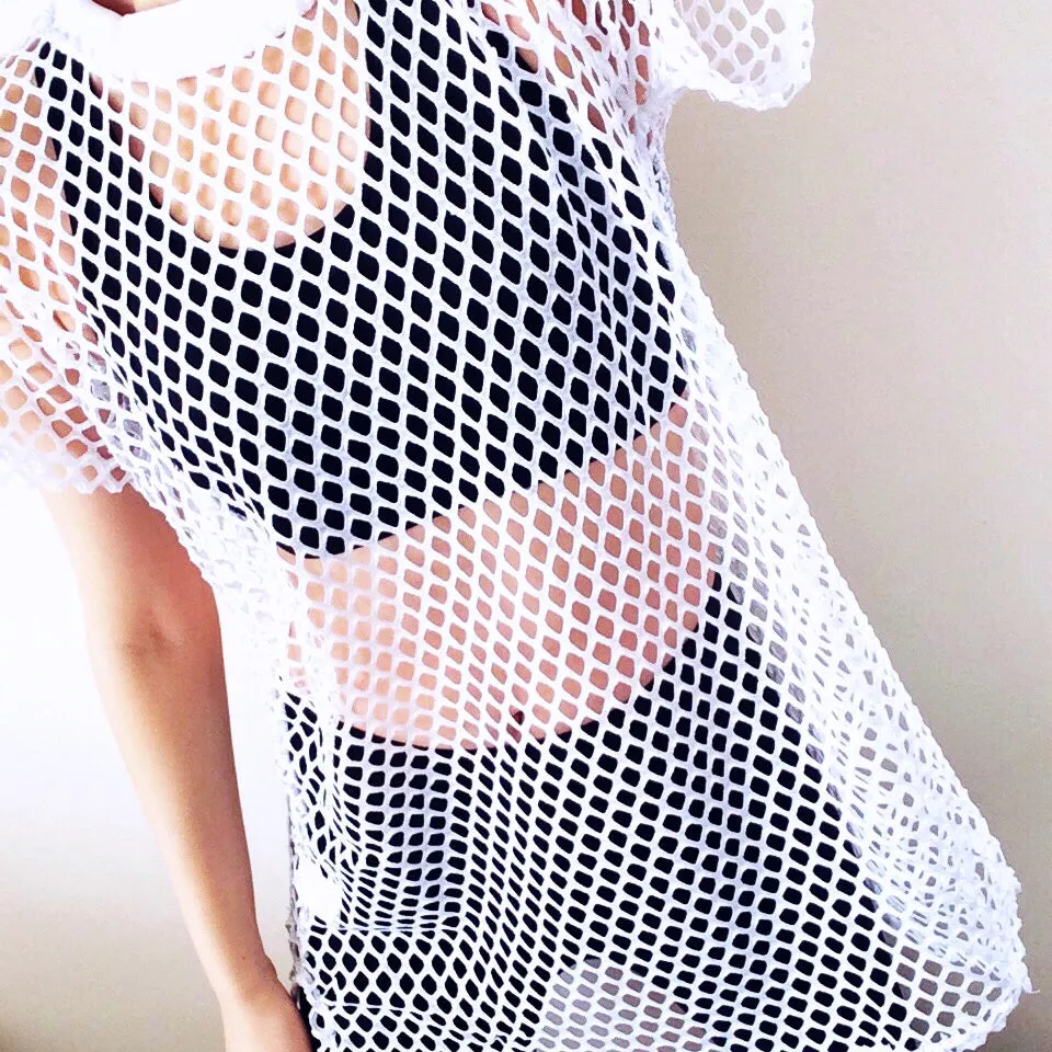 UNISEX WHITE FISHNET TEE MESH TOP