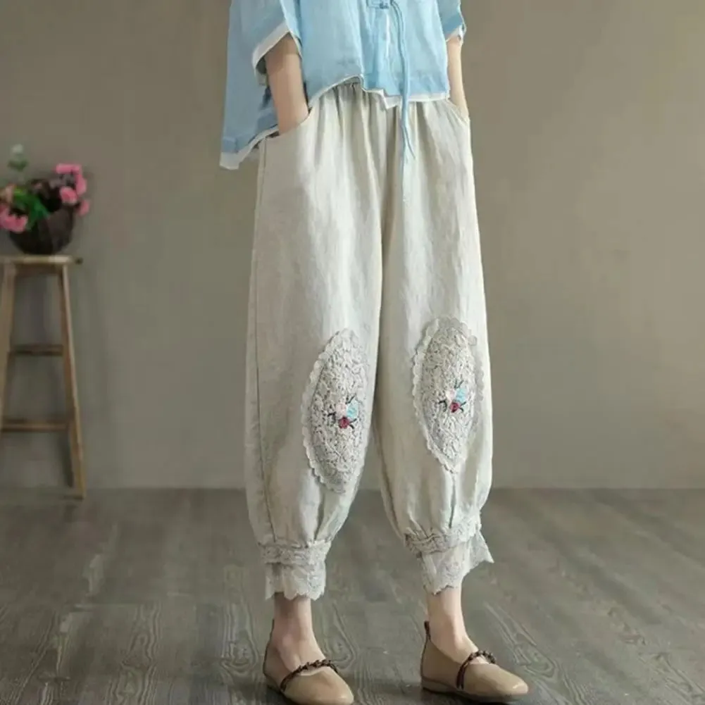 Vintage Boho Cotton Linen Pants for Women Summer Pockets Thin Beach Trousers Woman Casual High Waist Loose Harem Pants