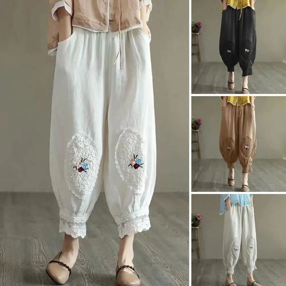 Vintage Boho Cotton Linen Pants for Women Summer Pockets Thin Beach Trousers Woman Casual High Waist Loose Harem Pants