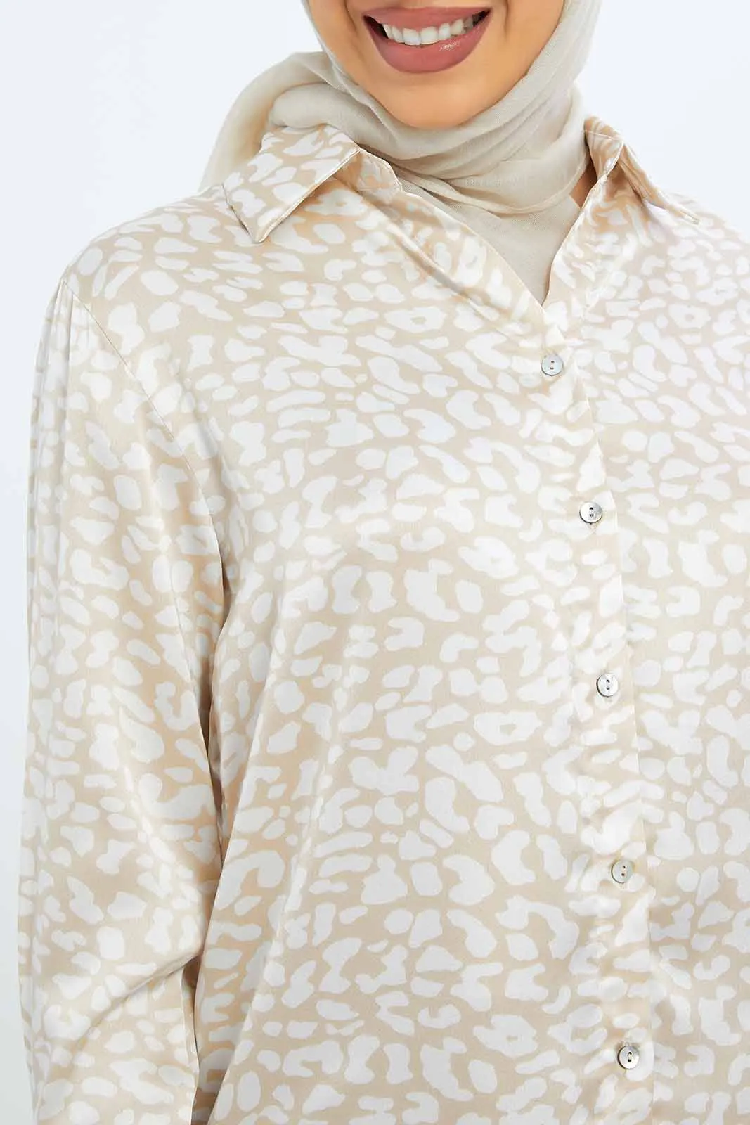 Women Beige Animal Printed Satin Shirt