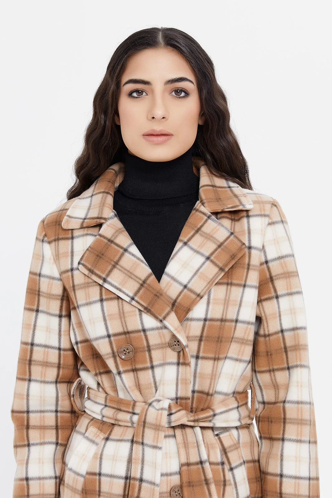 Women Beige Checked Coat