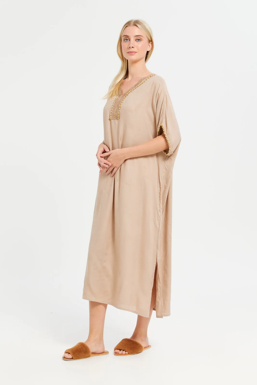 Women Beige Embellished Kaftan Nightgown