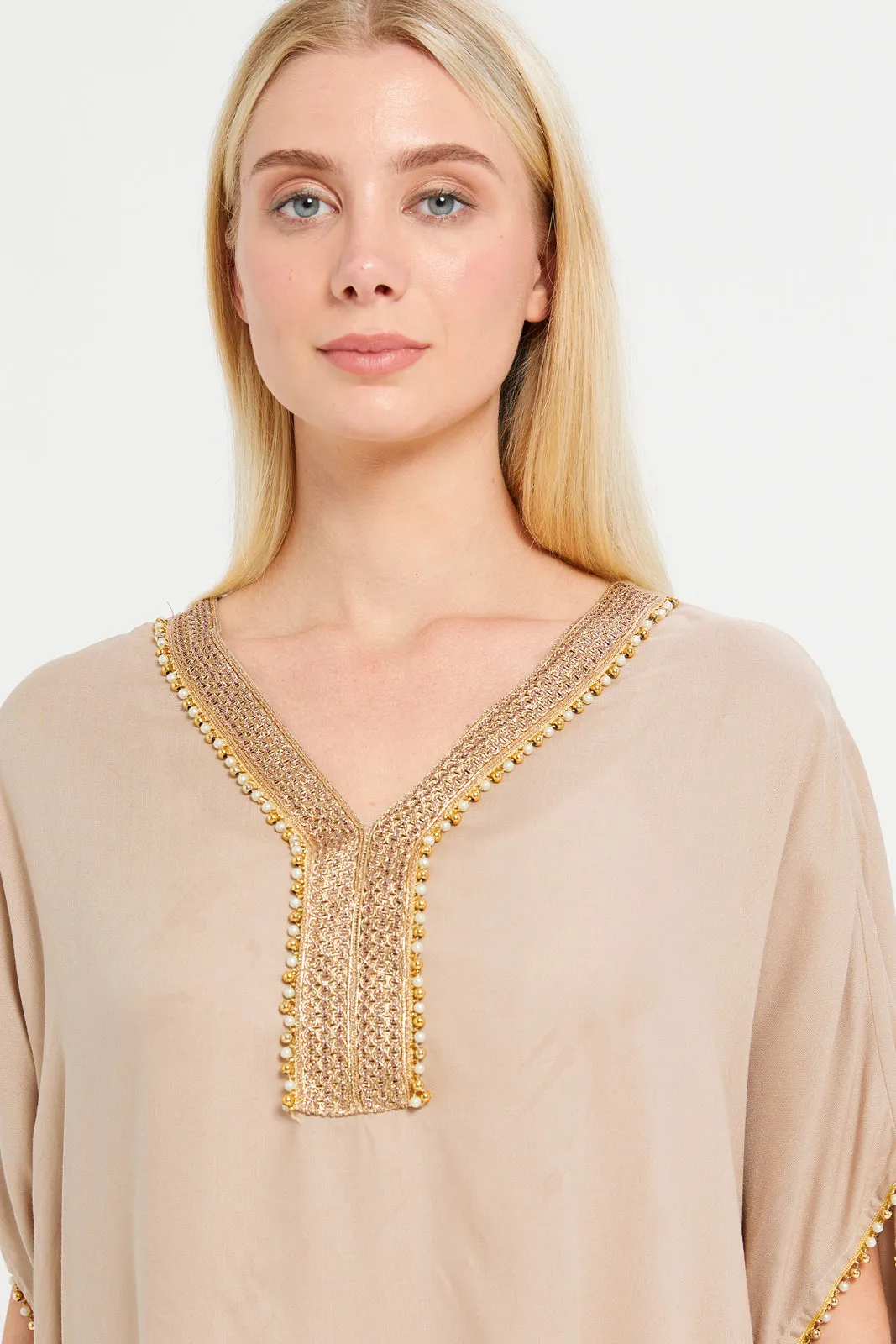 Women Beige Embellished Kaftan Nightgown