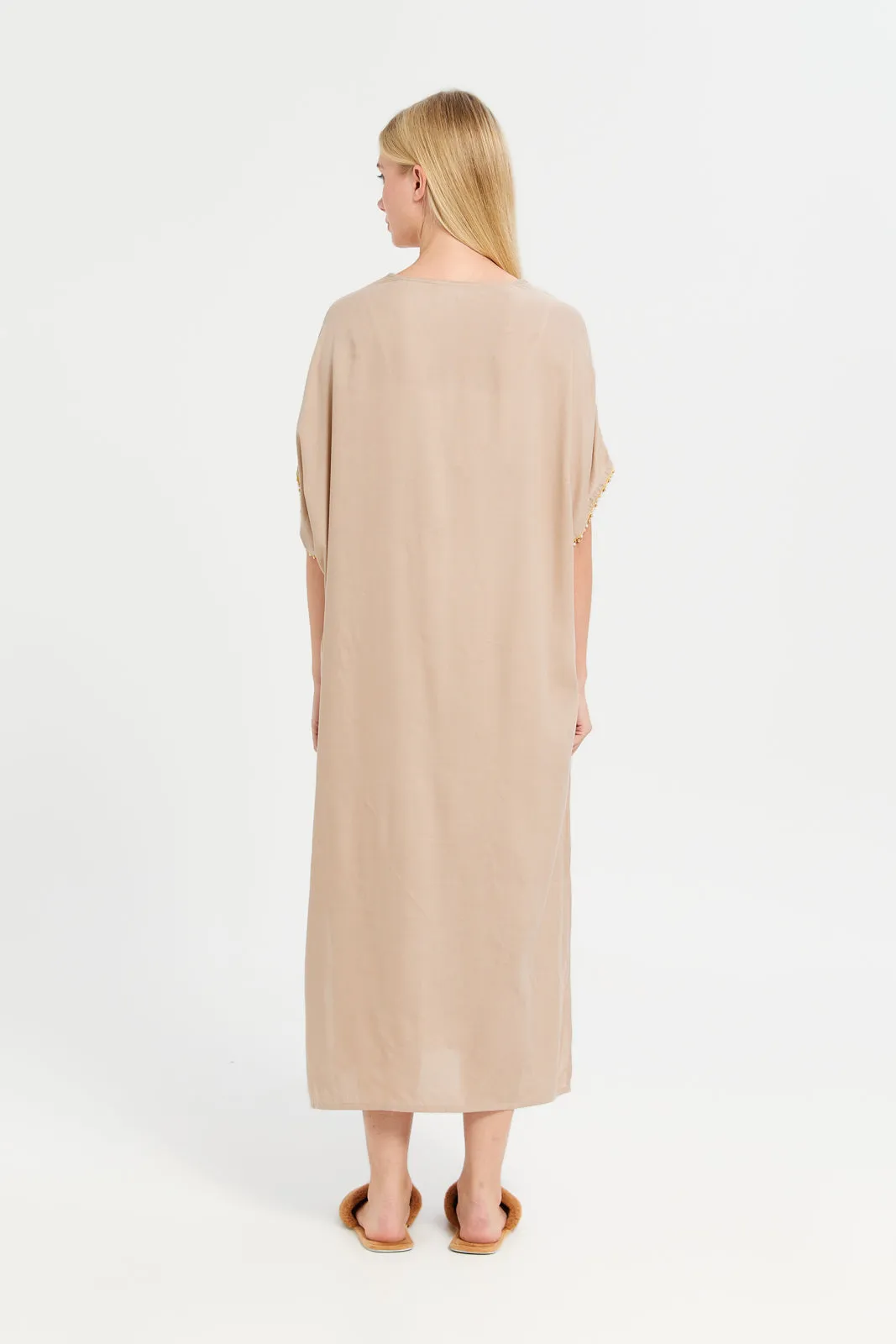 Women Beige Embellished Kaftan Nightgown