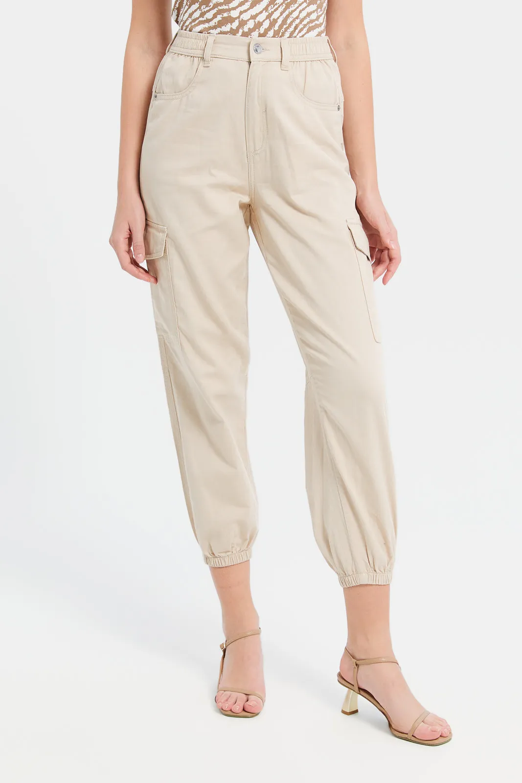 Women Beige Mid Waist Jogger Cargo