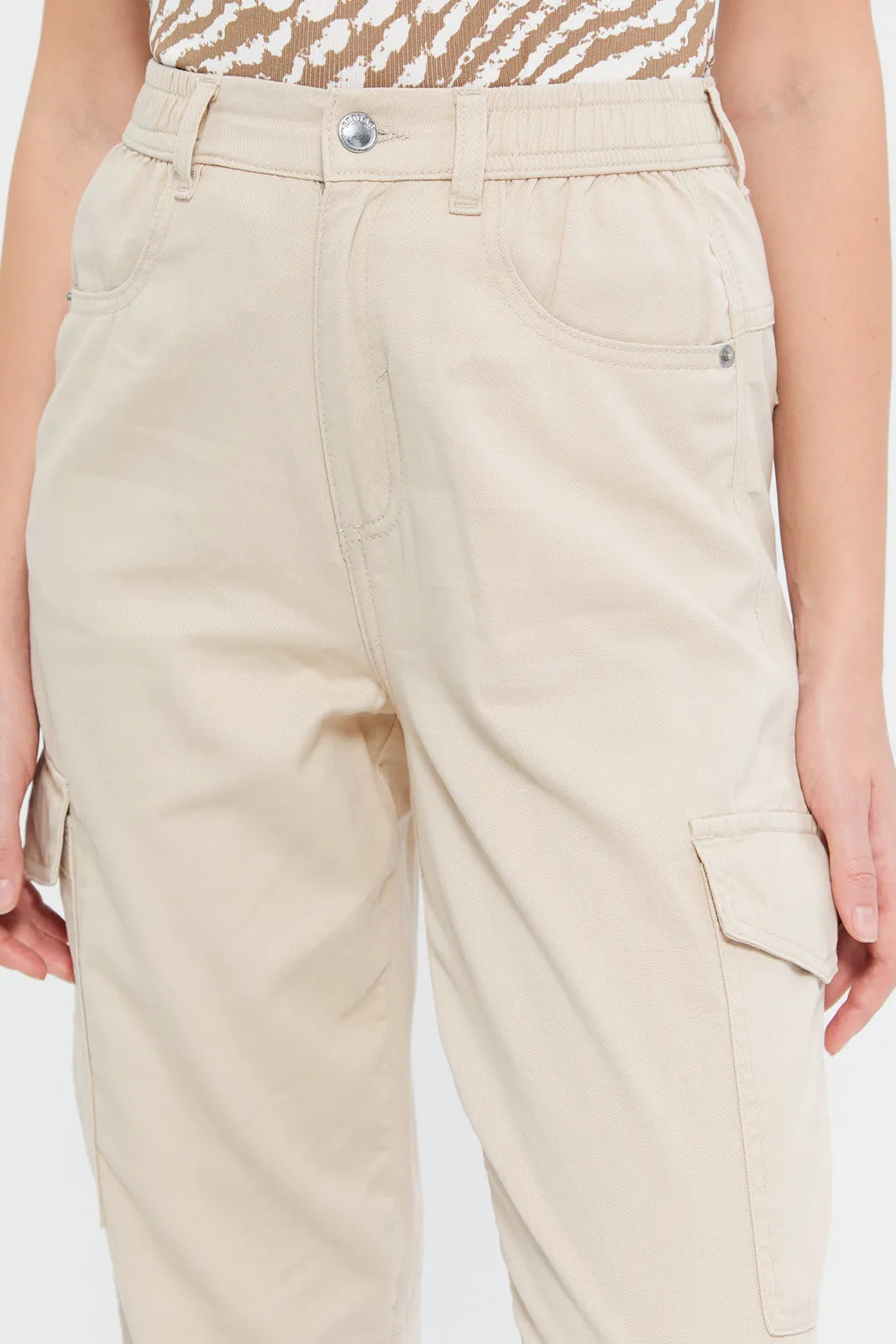 Women Beige Mid Waist Jogger Cargo