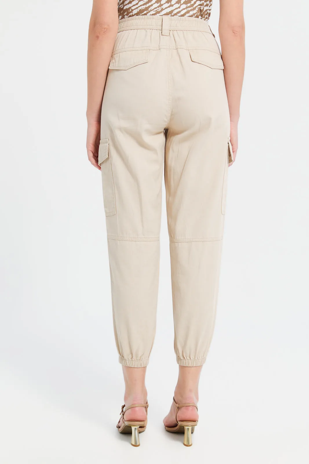 Women Beige Mid Waist Jogger Cargo