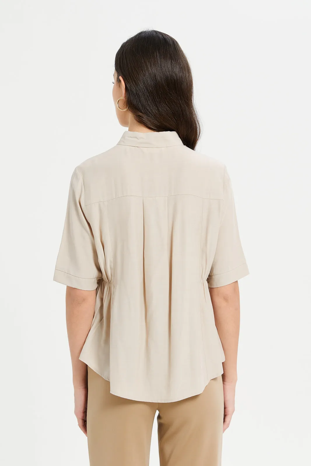 Women Beige Waist Pleated Detailed Shirt