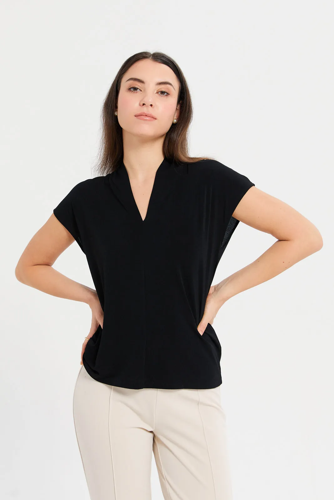 Women Black Drop Shoulder Knit Top