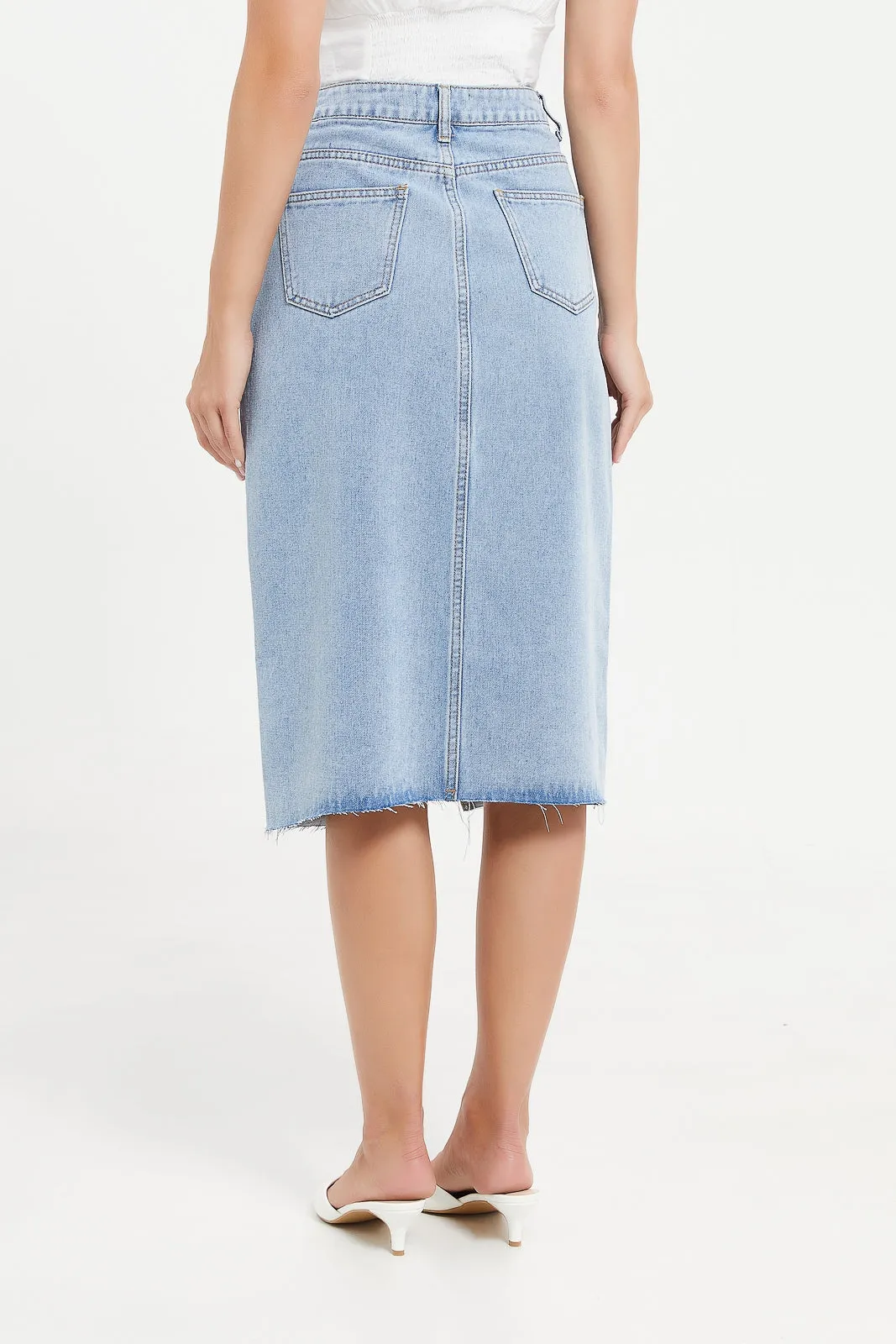 Women Blue Front Slit Bottom Frayed Denim Skirt