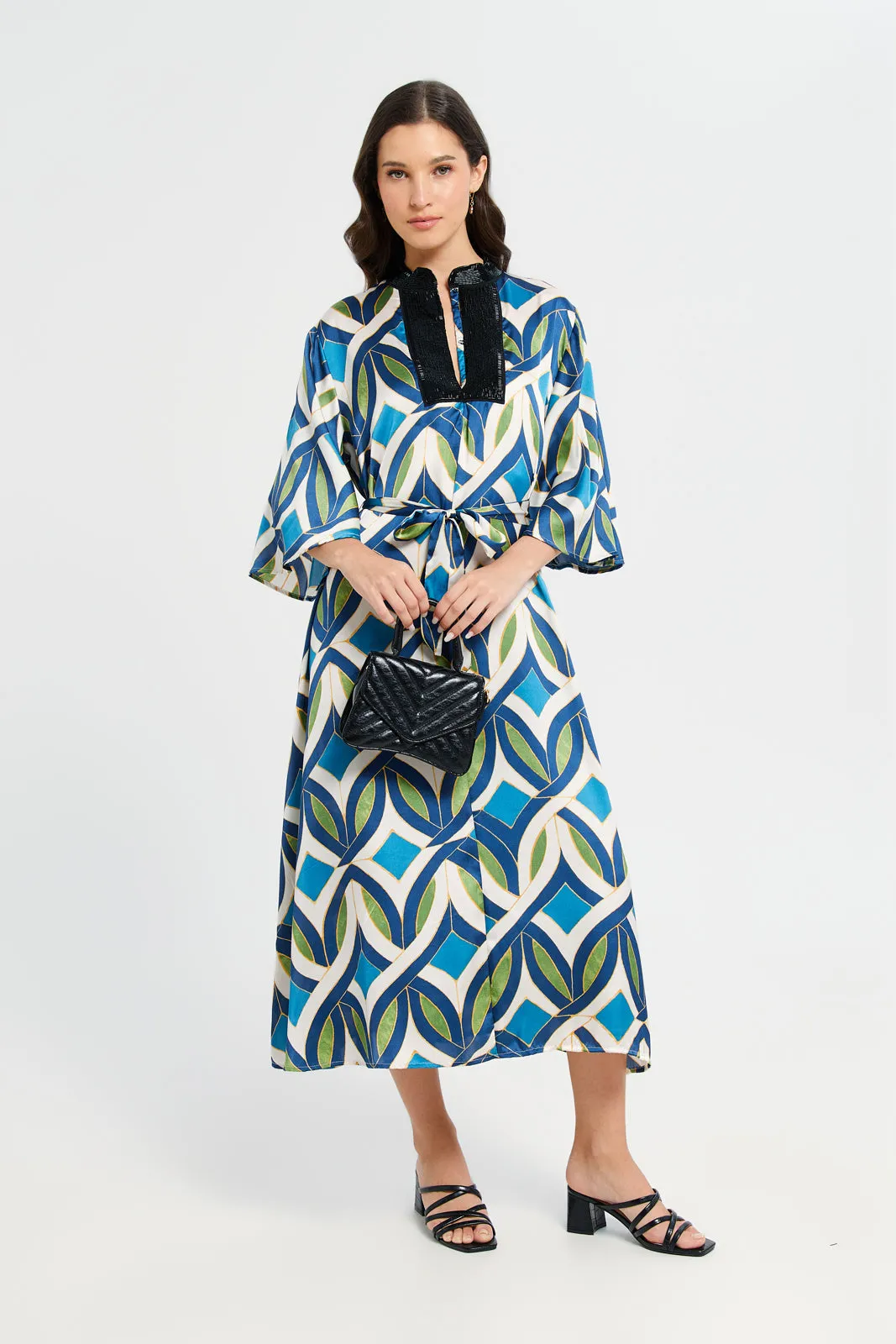 Women Blue Printed Belted Kaftan