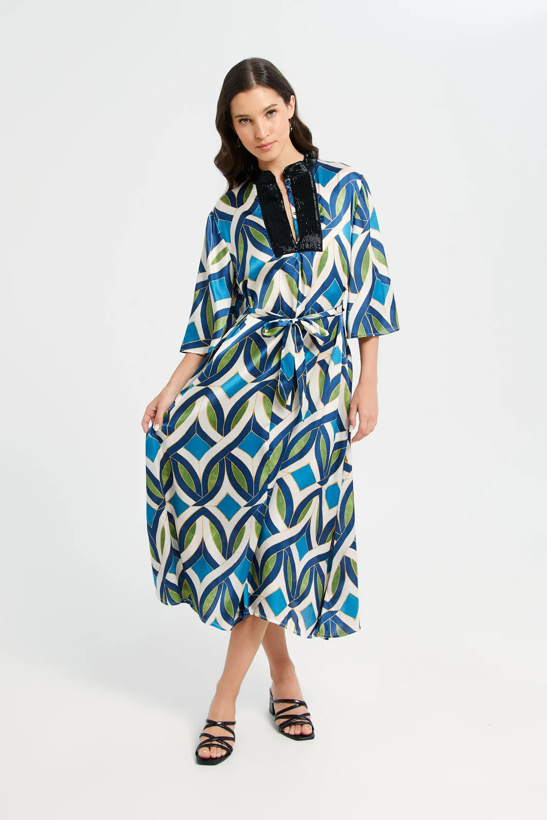 Women Blue Printed Belted Kaftan