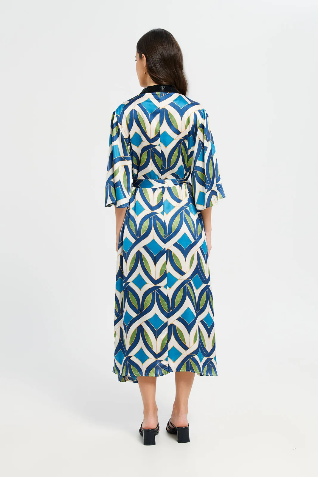 Women Blue Printed Belted Kaftan