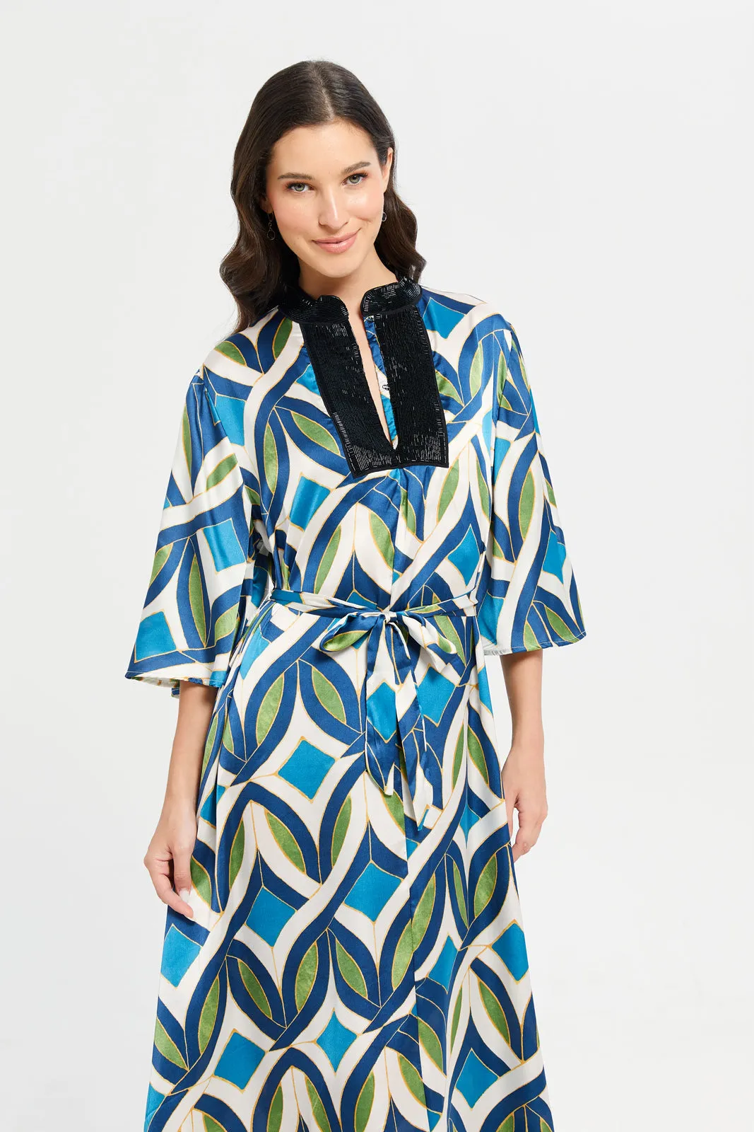 Women Blue Printed Belted Kaftan