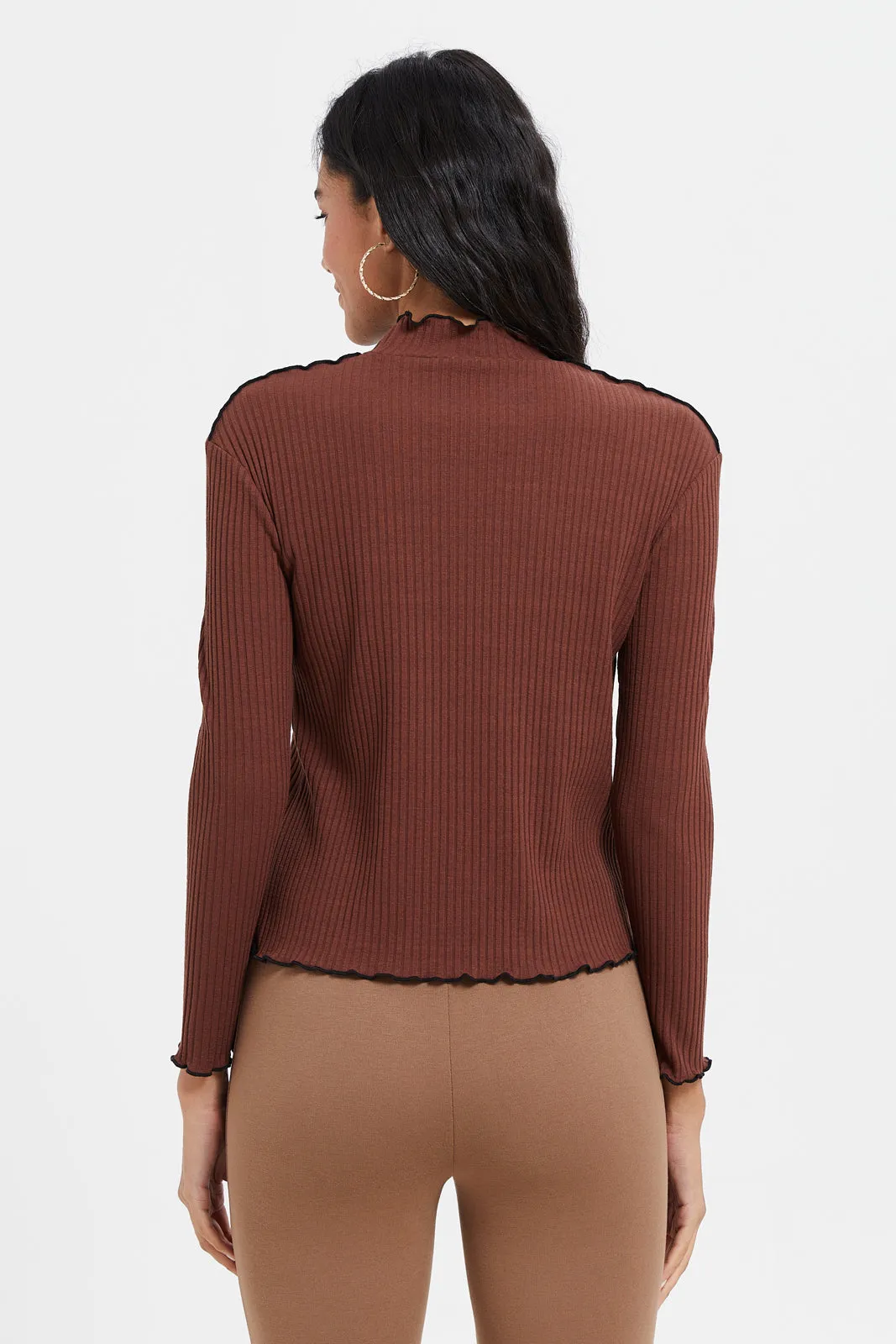 Women Brown Ribbed Top